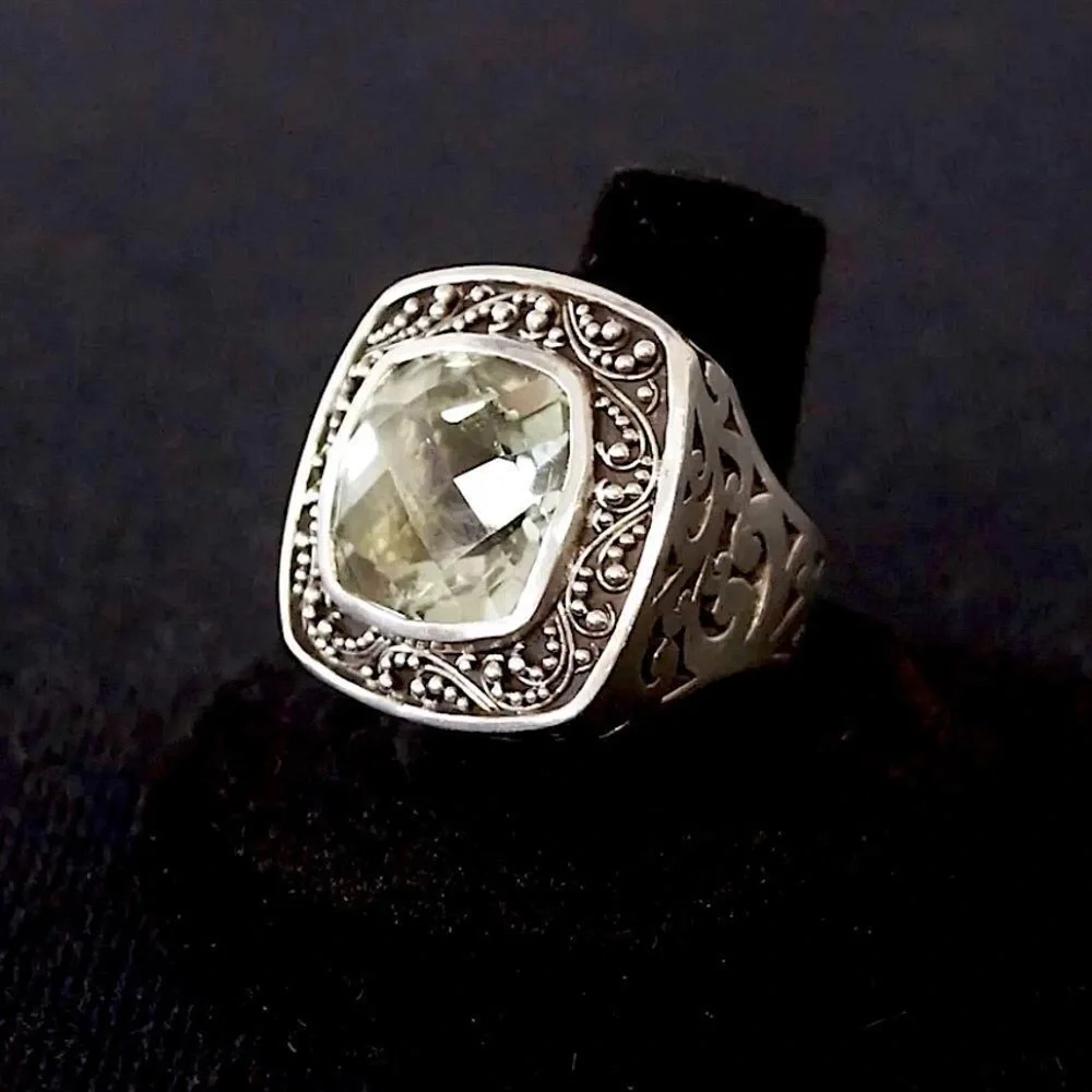 LOIS HILL Green Amethyst Square Cut Faceted Sterling Silver Cigar Band Ring Sz 8 - Picture 3 of 8